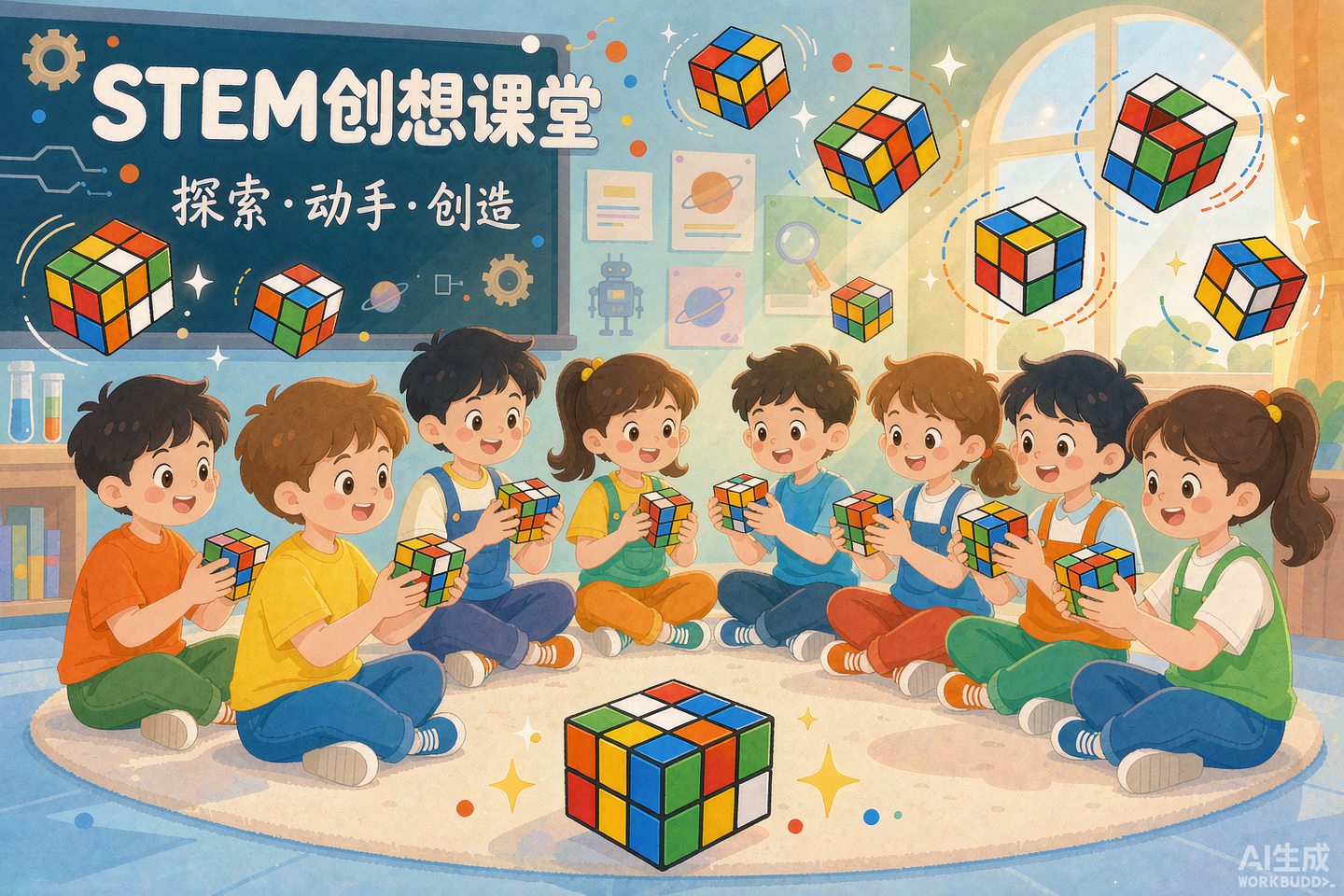 小学生在教室玩魔方的活力场景